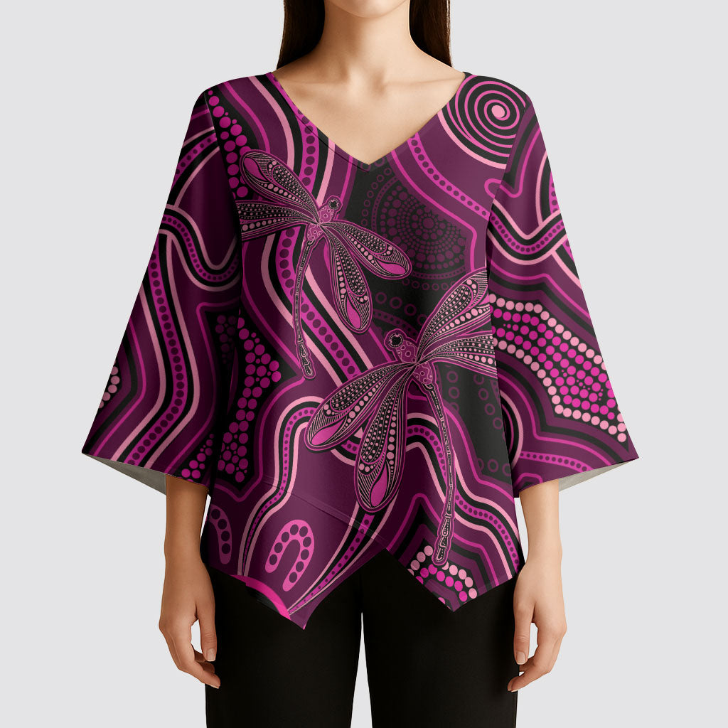 Australia Breast Cancer Support Kimono Sleeve Blouse Pink Dragonflies Aboriginal Art