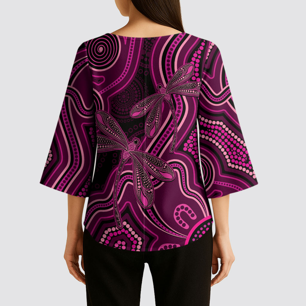 Australia Breast Cancer Support Kimono Sleeve Blouse Pink Dragonflies Aboriginal Art