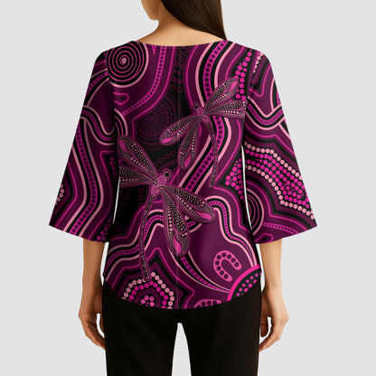 Australia Breast Cancer Support Kimono Sleeve Blouse Pink Dragonflies Aboriginal Art