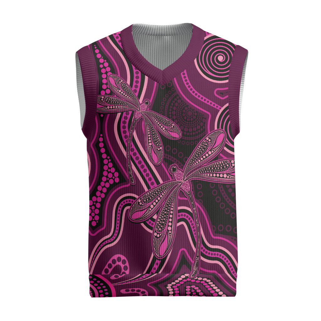 Australia Breast Cancer Support Christmas Knitted V-Neck Vest Pink Dragonflies Aboriginal Art