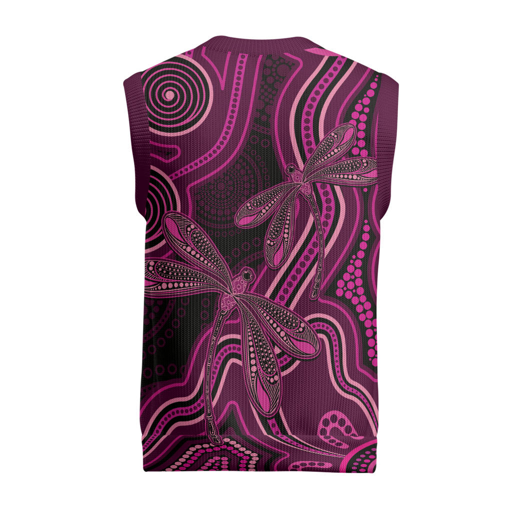 Australia Breast Cancer Support Christmas Knitted V-Neck Vest Pink Dragonflies Aboriginal Art