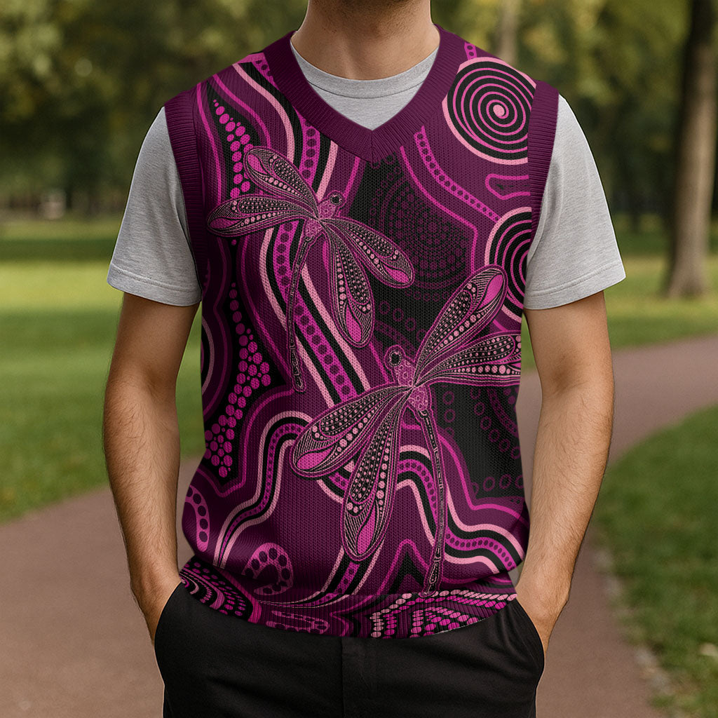 Australia Breast Cancer Support Christmas Knitted V-Neck Vest Pink Dragonflies Aboriginal Art