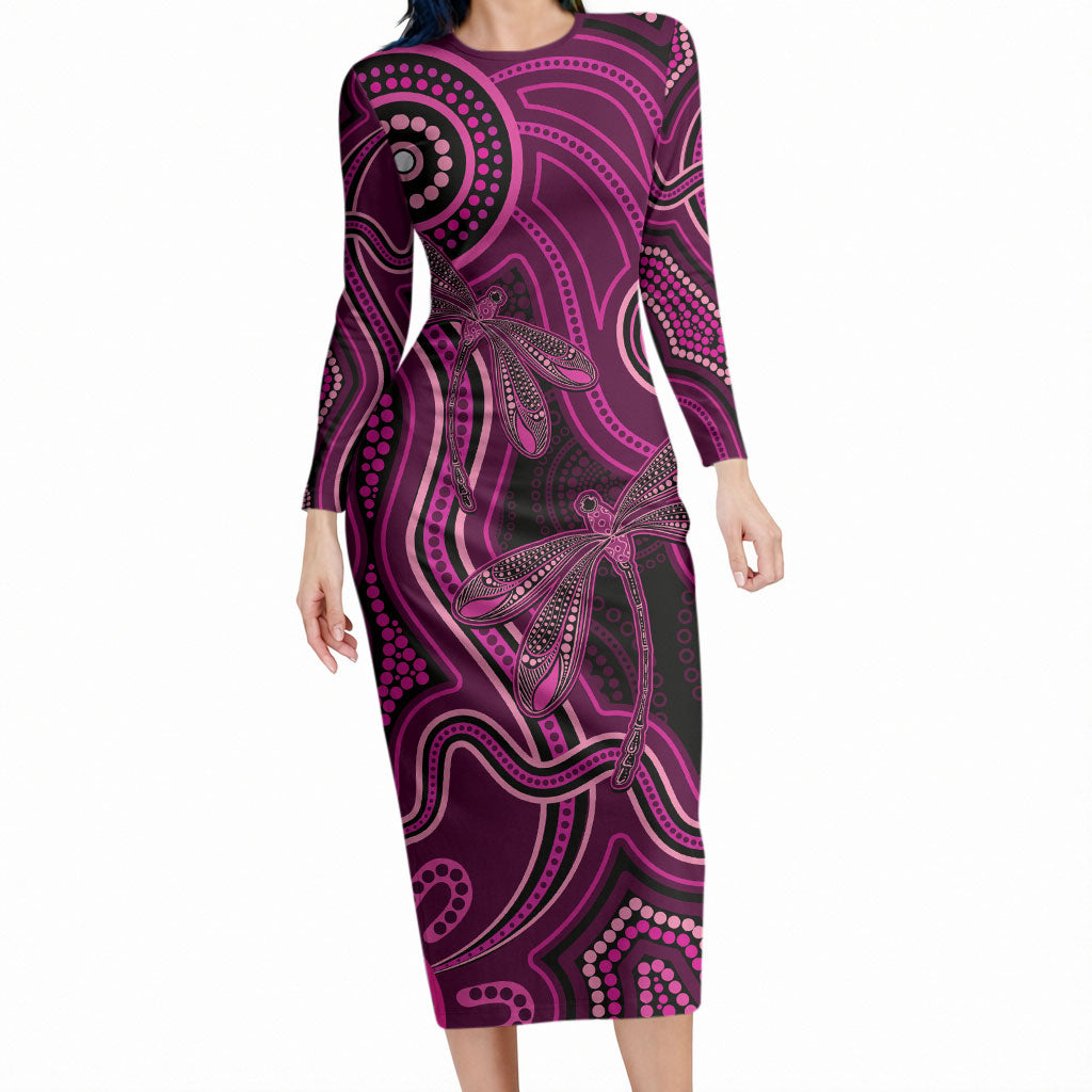 Australia Breast Cancer Support Long Sleeve Bodycon Dress Pink Dragonflies Aboriginal Art