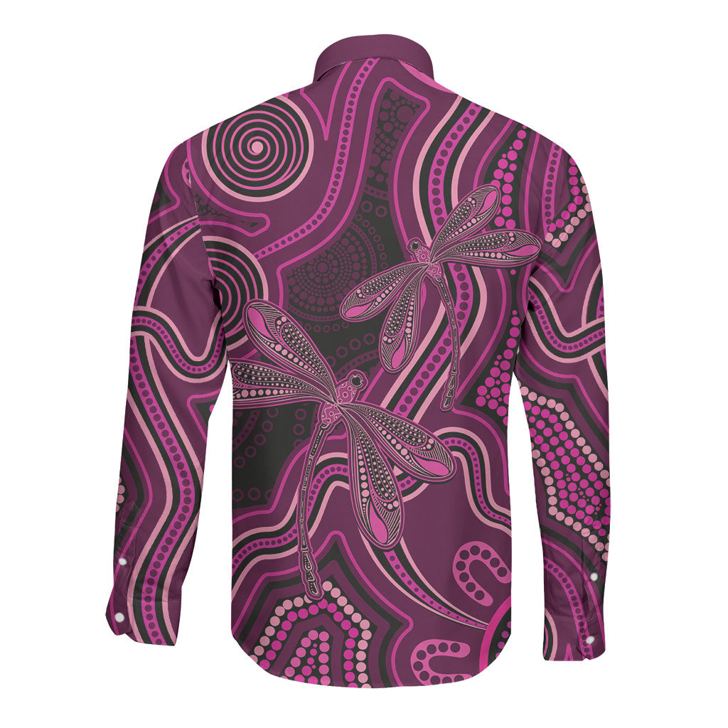 Australia Breast Cancer Support Long Sleeve Button Shirt Pink Dragonflies Aboriginal Art