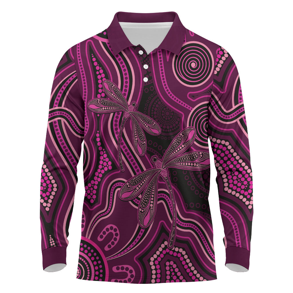 Australia Breast Cancer Support Long Sleeve Polo Shirt Pink Dragonflies Aboriginal Art