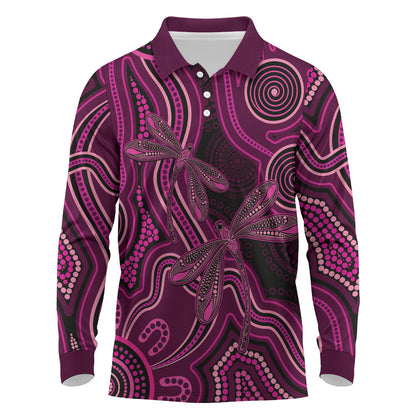 Australia Breast Cancer Support Long Sleeve Polo Shirt Pink Dragonflies Aboriginal Art
