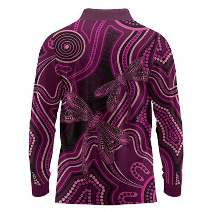 Australia Breast Cancer Support Long Sleeve Polo Shirt Pink Dragonflies Aboriginal Art