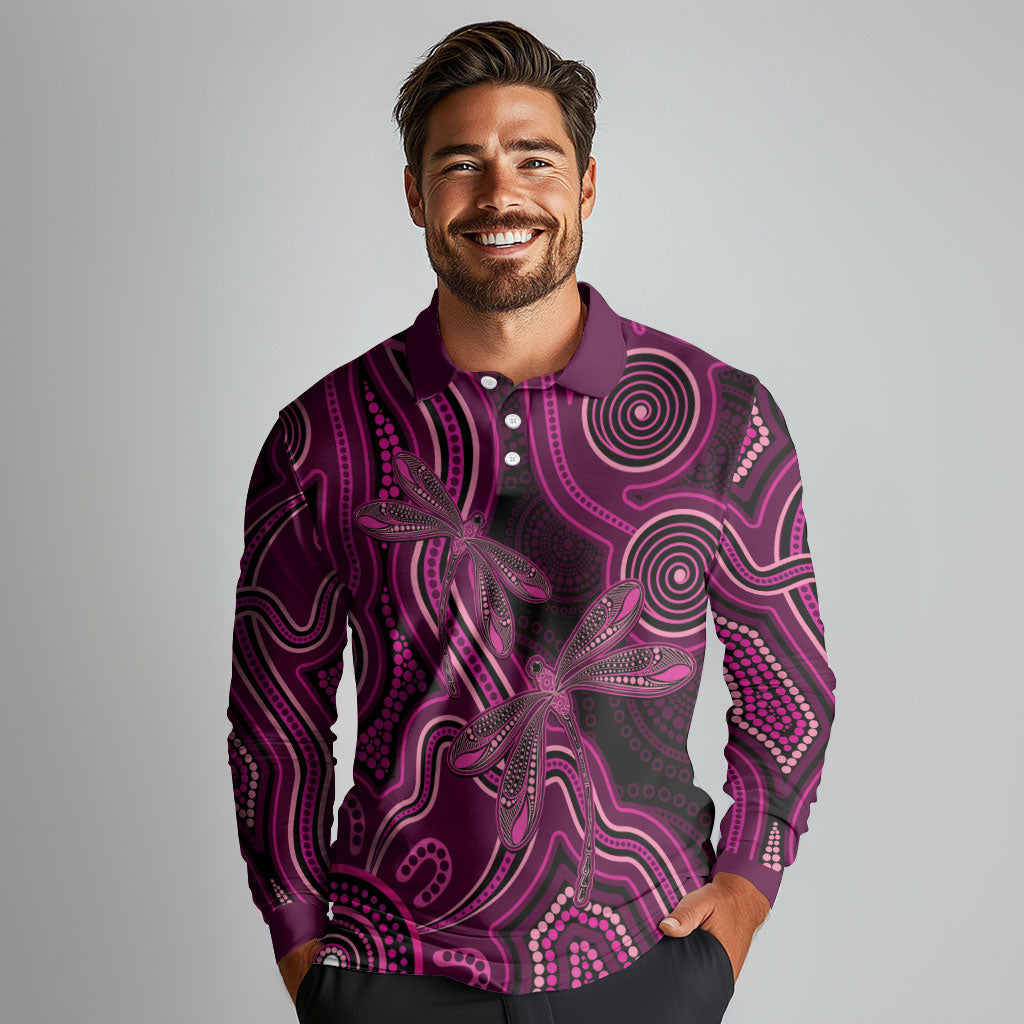 Australia Breast Cancer Support Long Sleeve Polo Shirt Pink Dragonflies Aboriginal Art