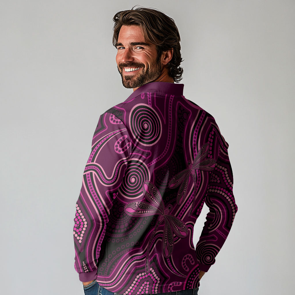 Australia Breast Cancer Support Long Sleeve Polo Shirt Pink Dragonflies Aboriginal Art