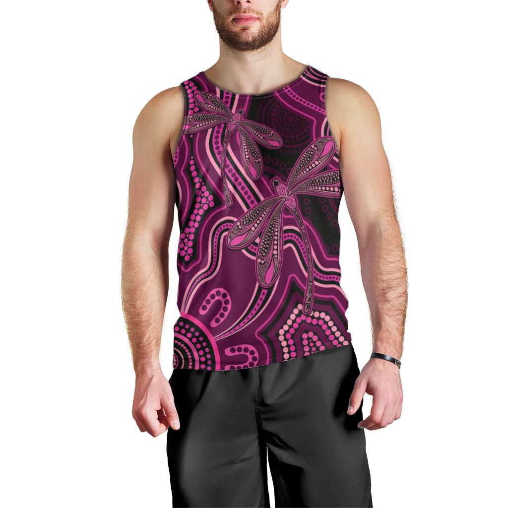 Australia Breast Cancer Support Men Tank Top Pink Dragonflies Aboriginal Art