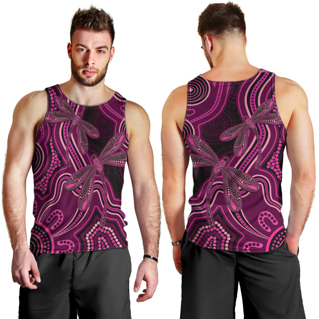 Australia Breast Cancer Support Men Tank Top Pink Dragonflies Aboriginal Art