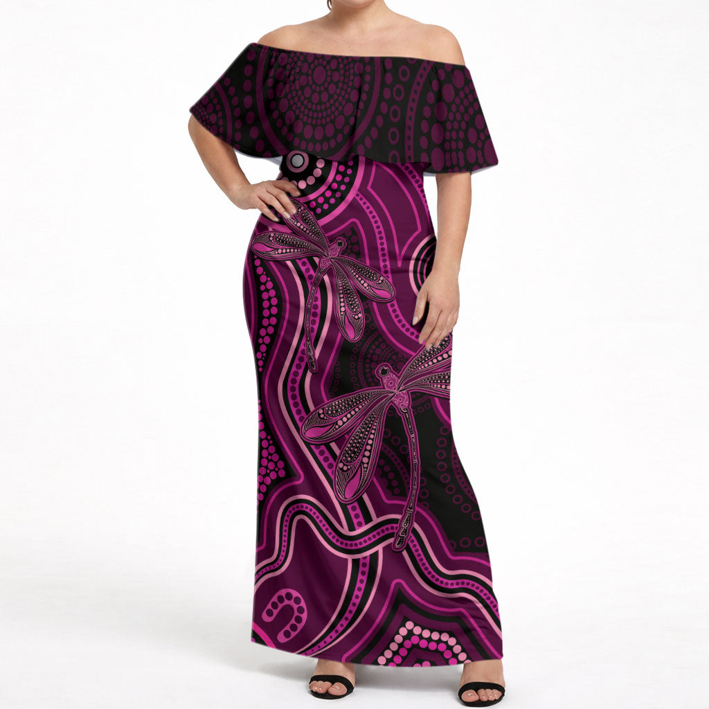 Australia Breast Cancer Support Off Shoulder Maxi Dress Pink Dragonflies Aboriginal Art