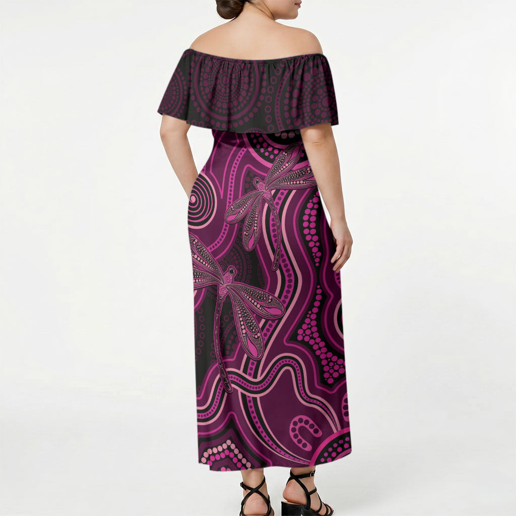 Australia Breast Cancer Support Off Shoulder Maxi Dress Pink Dragonflies Aboriginal Art