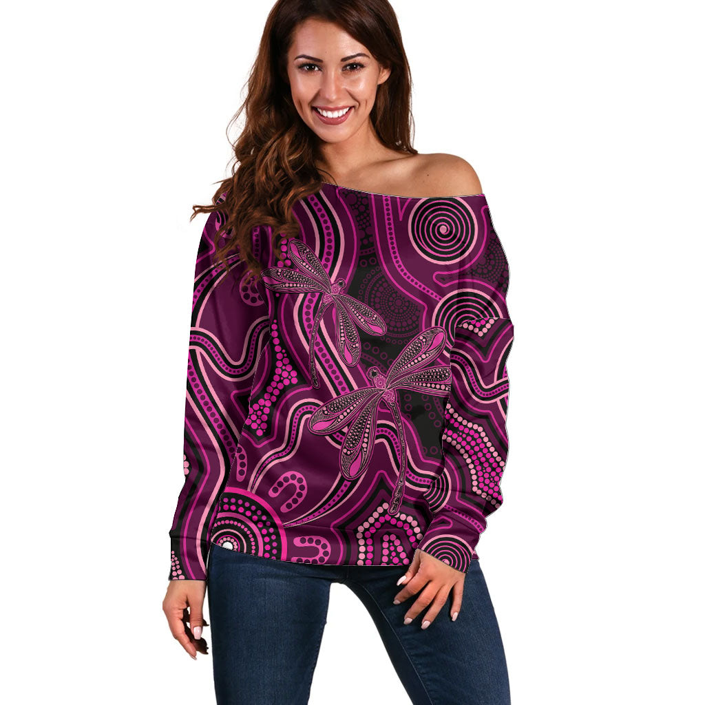 Australia Breast Cancer Support Off Shoulder Sweater Pink Dragonflies Aboriginal Art