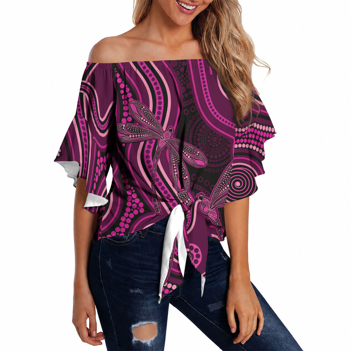 Australia Breast Cancer Support Off Shoulder Wrap Waist Top Pink Dragonflies Aboriginal Art