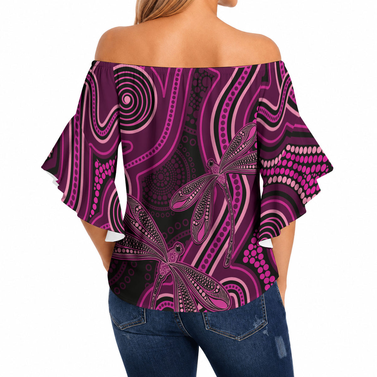 Australia Breast Cancer Support Off Shoulder Wrap Waist Top Pink Dragonflies Aboriginal Art