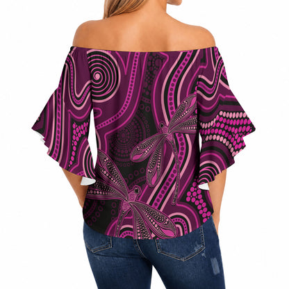 Australia Breast Cancer Support Off Shoulder Wrap Waist Top Pink Dragonflies Aboriginal Art