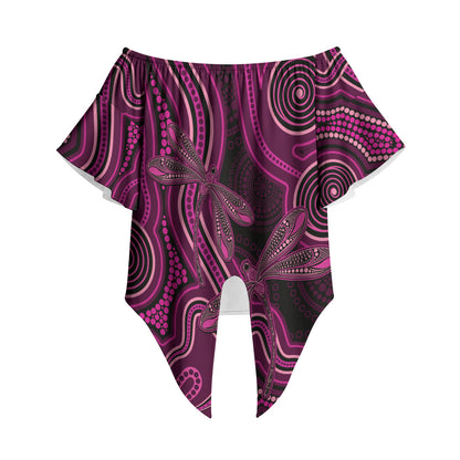 Australia Breast Cancer Support Off Shoulder Wrap Waist Top Pink Dragonflies Aboriginal Art
