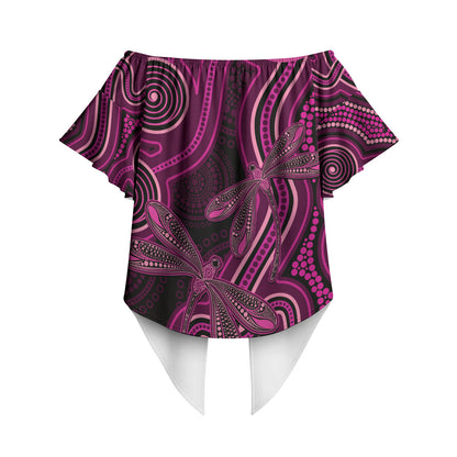 Australia Breast Cancer Support Off Shoulder Wrap Waist Top Pink Dragonflies Aboriginal Art