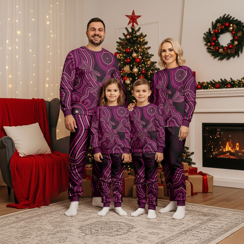 Australia Breast Cancer Support Christmas Pajama Set Pink Dragonflies Aboriginal Art