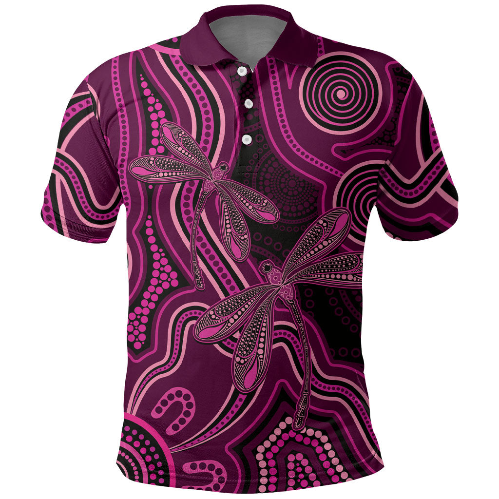 Australia Breast Cancer Support Polo Shirt Pink Dragonflies Aboriginal Art