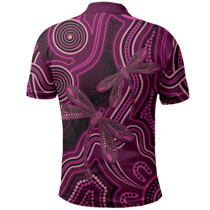 Australia Breast Cancer Support Polo Shirt Pink Dragonflies Aboriginal Art