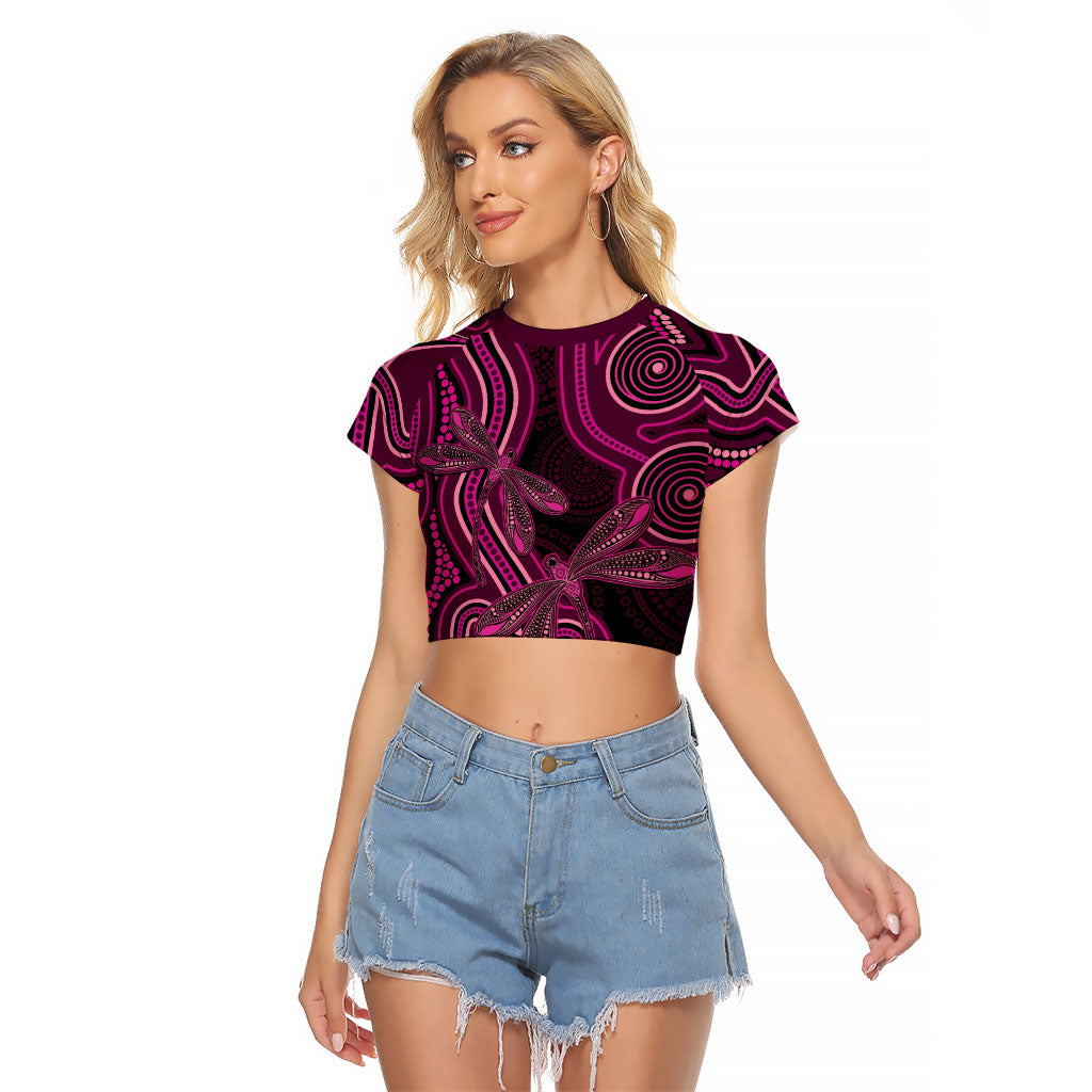 Australia Breast Cancer Support Raglan Cropped T Shirt Pink Dragonflies Aboriginal Art