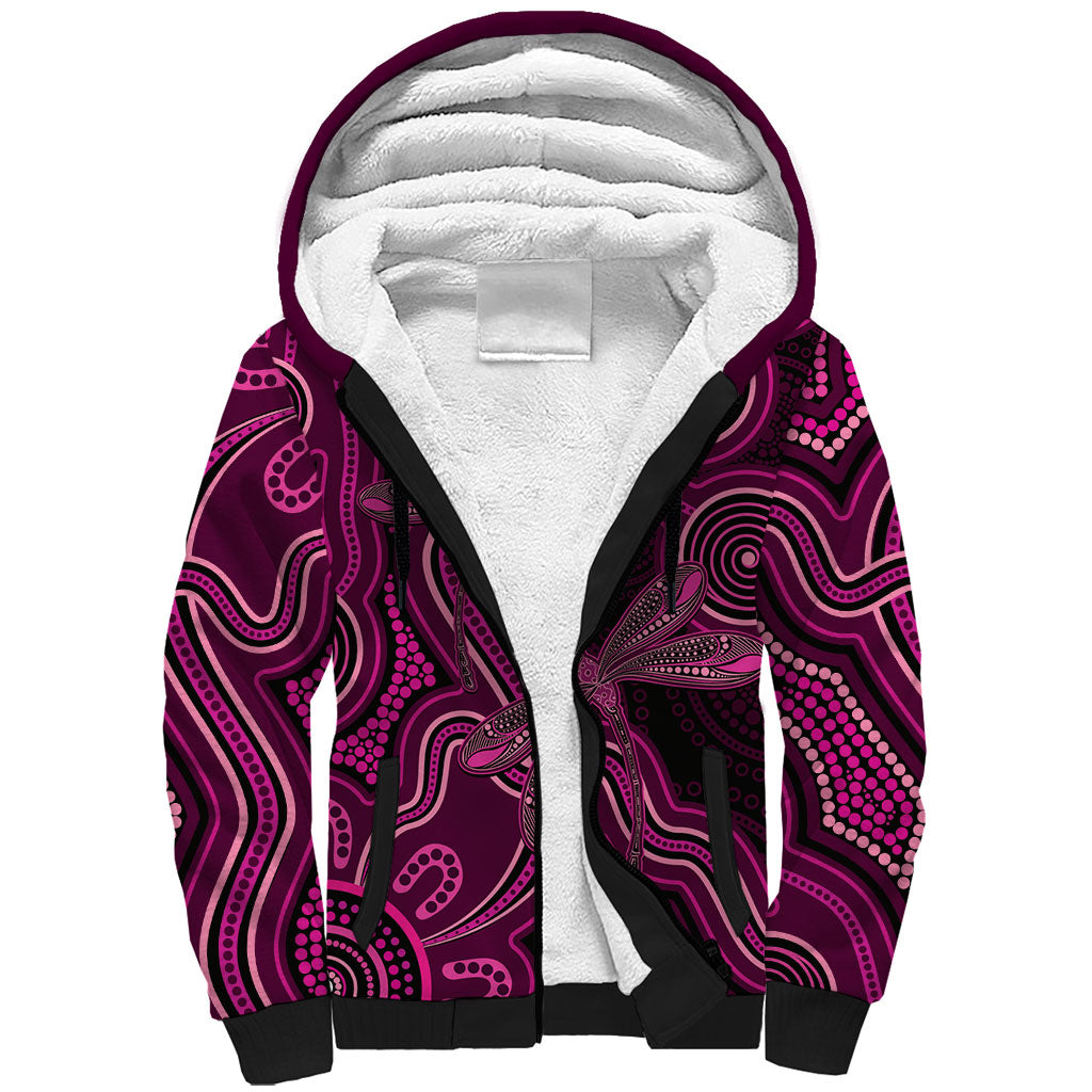 Australia Breast Cancer Support Sherpa Hoodie Pink Dragonflies Aboriginal Art