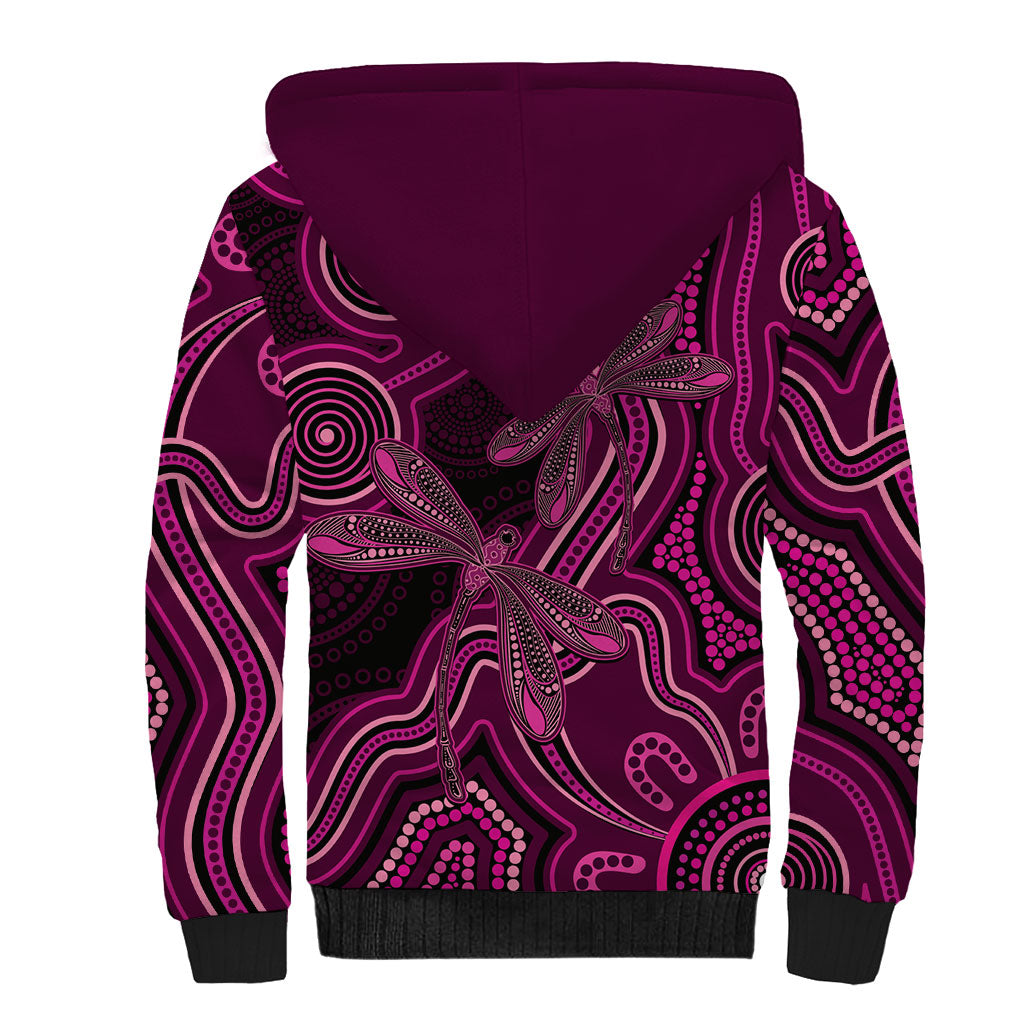 Australia Breast Cancer Support Sherpa Hoodie Pink Dragonflies Aboriginal Art