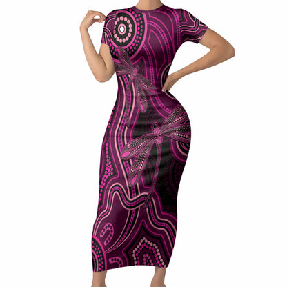 Australia Breast Cancer Support Short Sleeve Bodycon Dress Pink Dragonflies Aboriginal Art