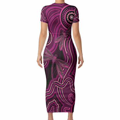 Australia Breast Cancer Support Short Sleeve Bodycon Dress Pink Dragonflies Aboriginal Art