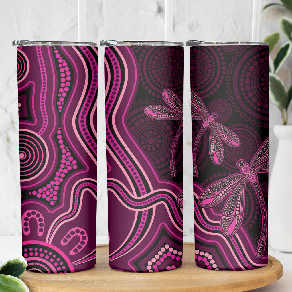 Australia Breast Cancer Support Skinny Tumbler Pink Dragonflies Aboriginal Art