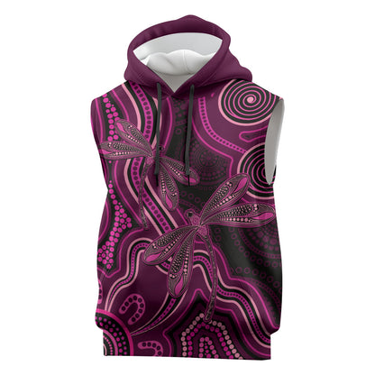 Australia Breast Cancer Support Sleeveless Hoodie Pink Dragonflies Aboriginal Art
