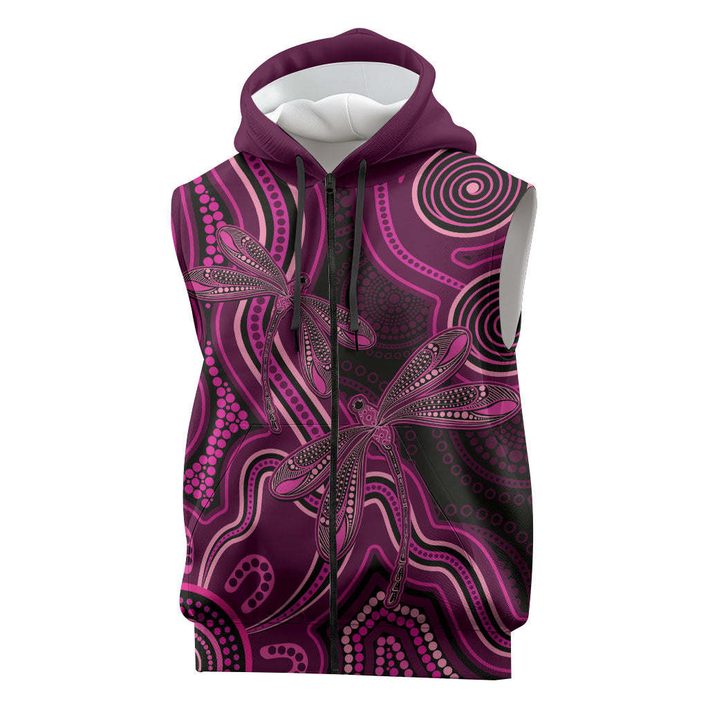 Australia Breast Cancer Support Sleeveless Zip Hoodie Pink Dragonflies Aboriginal Art