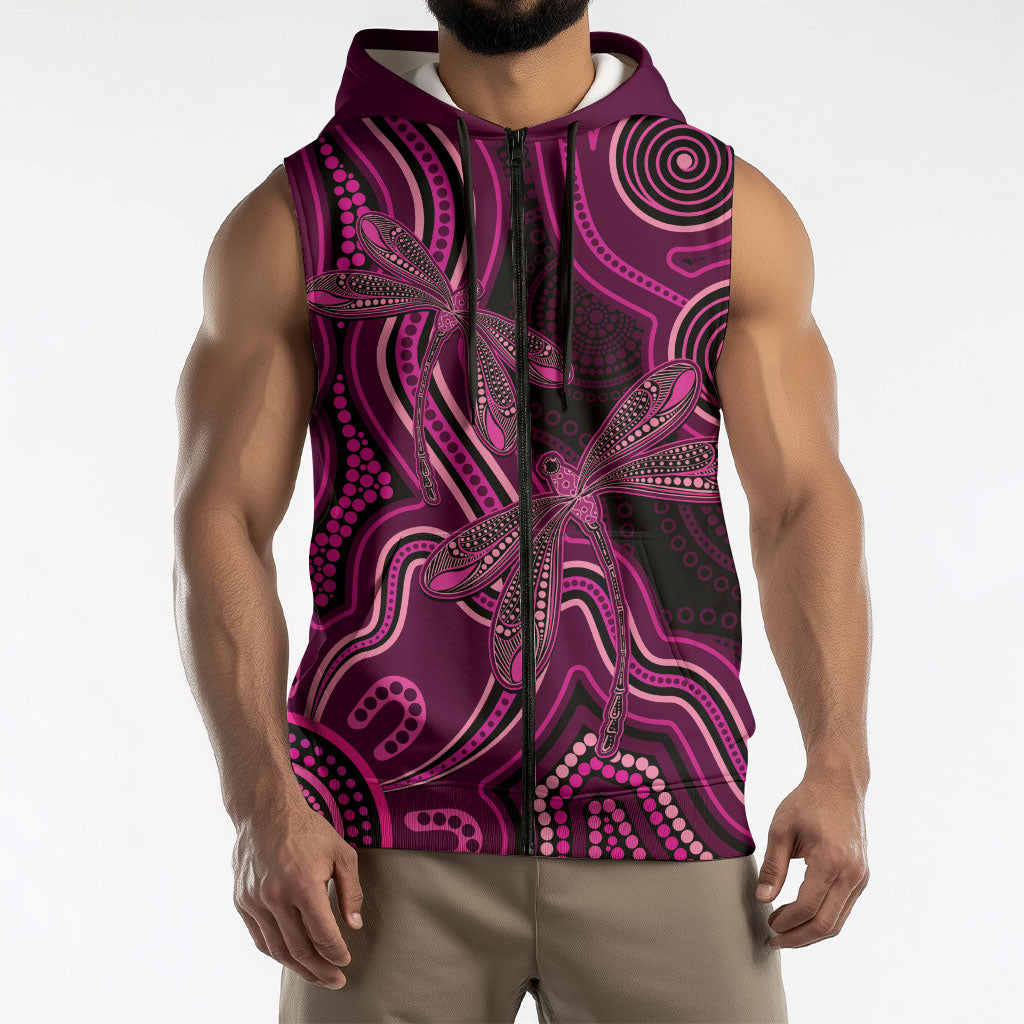 Australia Breast Cancer Support Sleeveless Zip Hoodie Pink Dragonflies Aboriginal Art