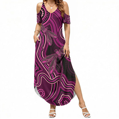 Australia Breast Cancer Support Summer Maxi Dress Pink Dragonflies Aboriginal Art