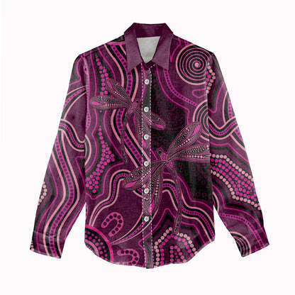 Australia Breast Cancer Support Women Casual Shirt Pink Dragonflies Aboriginal Art