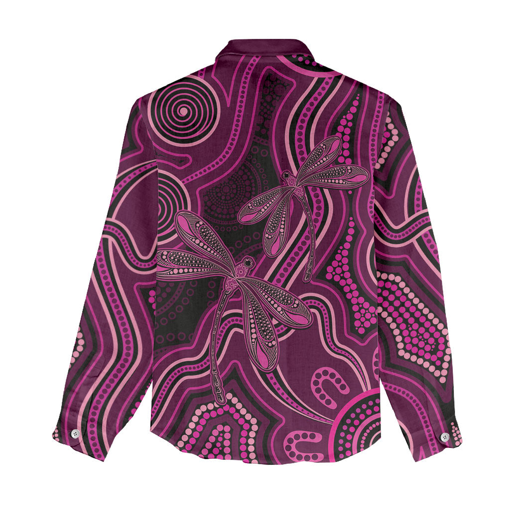 Australia Breast Cancer Support Women Casual Shirt Pink Dragonflies Aboriginal Art