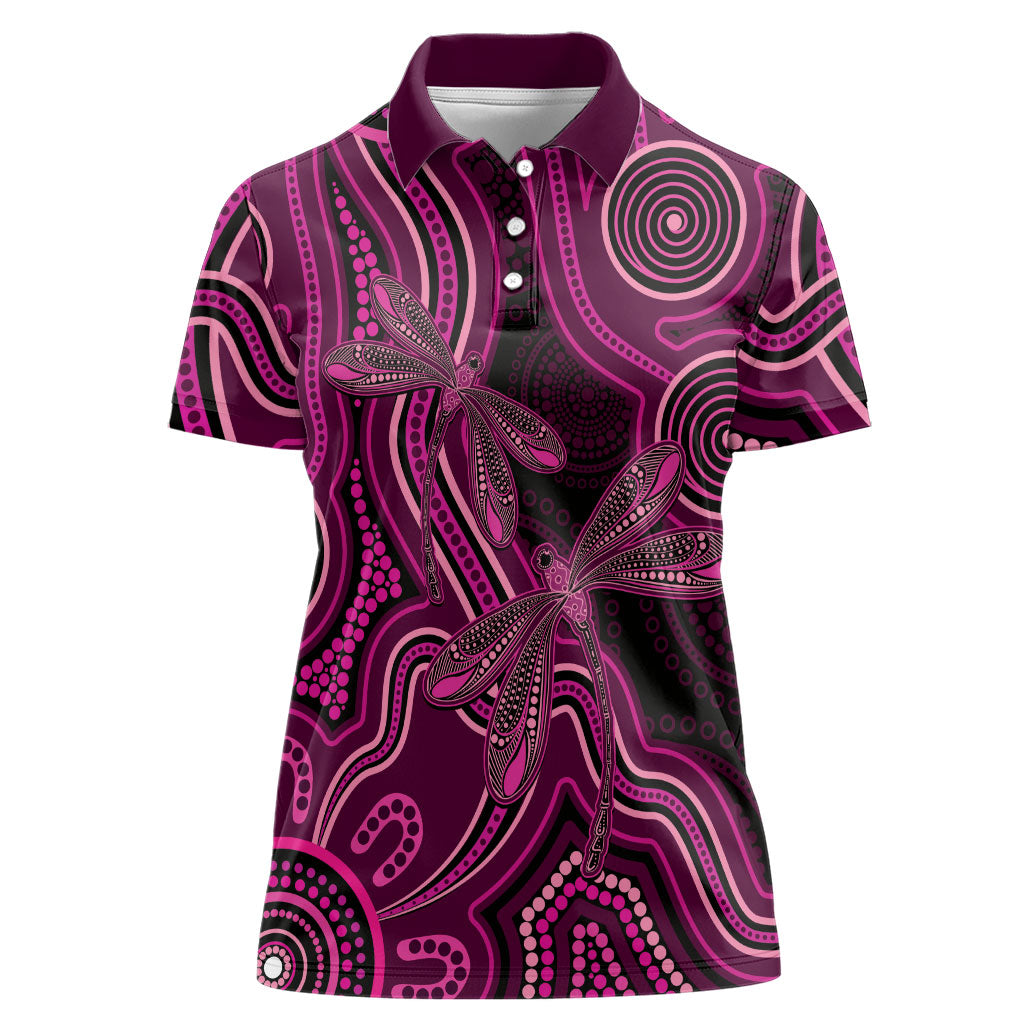 Australia Breast Cancer Support Women Polo Shirt Pink Dragonflies Aboriginal Art