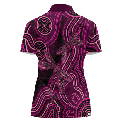 Australia Breast Cancer Support Women Polo Shirt Pink Dragonflies Aboriginal Art