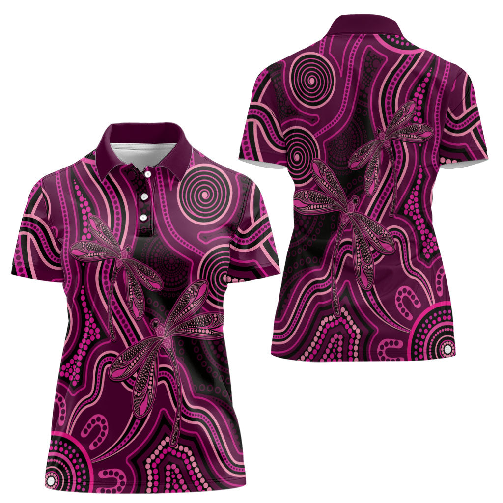 Australia Breast Cancer Support Women Polo Shirt Pink Dragonflies Aboriginal Art