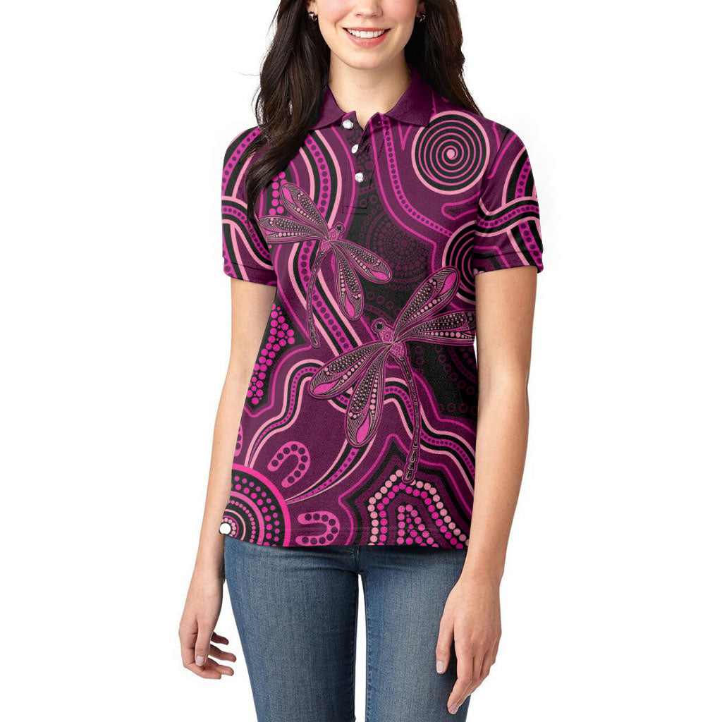 Australia Breast Cancer Support Women Polo Shirt Pink Dragonflies Aboriginal Art