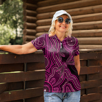 Australia Breast Cancer Support Women Polo Shirt Pink Dragonflies Aboriginal Art