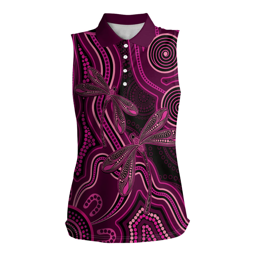 Australia Breast Cancer Support Women Sleeveless Polo Shirt Pink Dragonflies Aboriginal Art