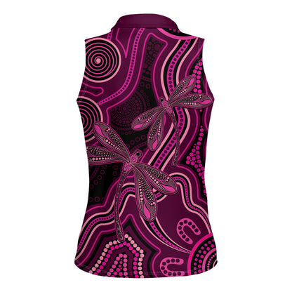 Australia Breast Cancer Support Women Sleeveless Polo Shirt Pink Dragonflies Aboriginal Art