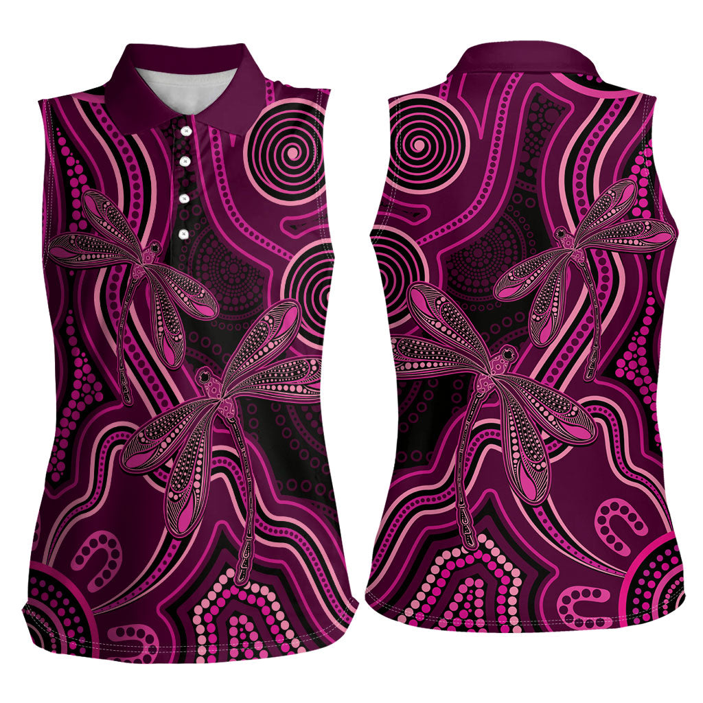 Australia Breast Cancer Support Women Sleeveless Polo Shirt Pink Dragonflies Aboriginal Art