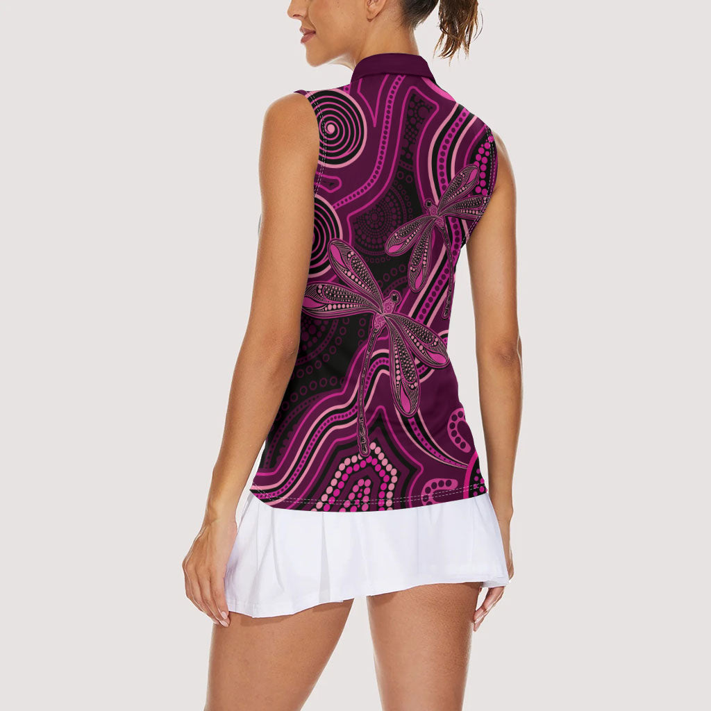 Australia Breast Cancer Support Women Sleeveless Polo Shirt Pink Dragonflies Aboriginal Art