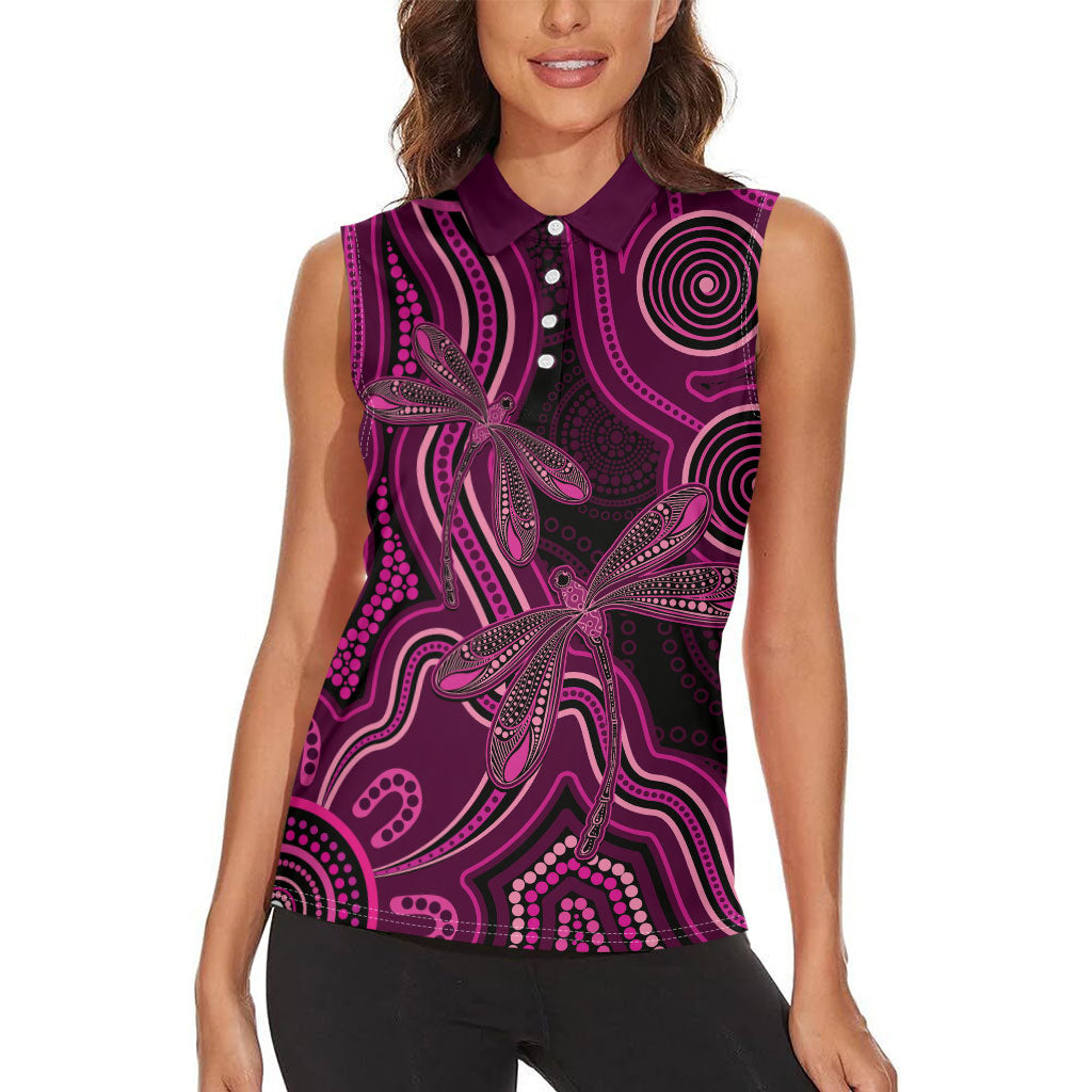 Australia Breast Cancer Support Women Sleeveless Polo Shirt Pink Dragonflies Aboriginal Art
