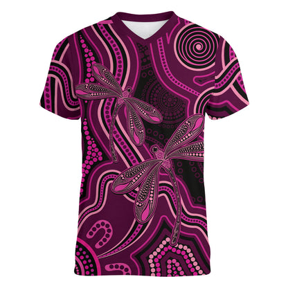 Australia Breast Cancer Support Women V-Neck T-Shirt Pink Dragonflies Aboriginal Art