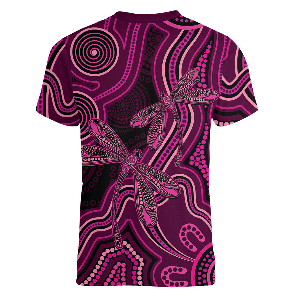 Australia Breast Cancer Support Women V-Neck T-Shirt Pink Dragonflies Aboriginal Art